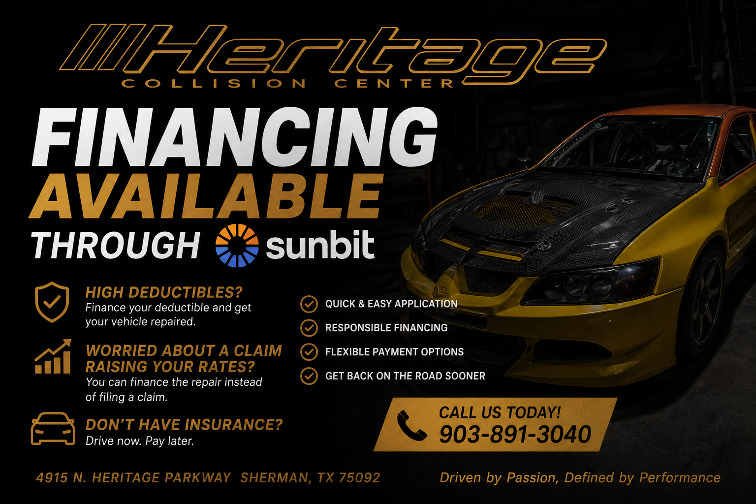 Heritage Collision Center financing available through Sunbit
